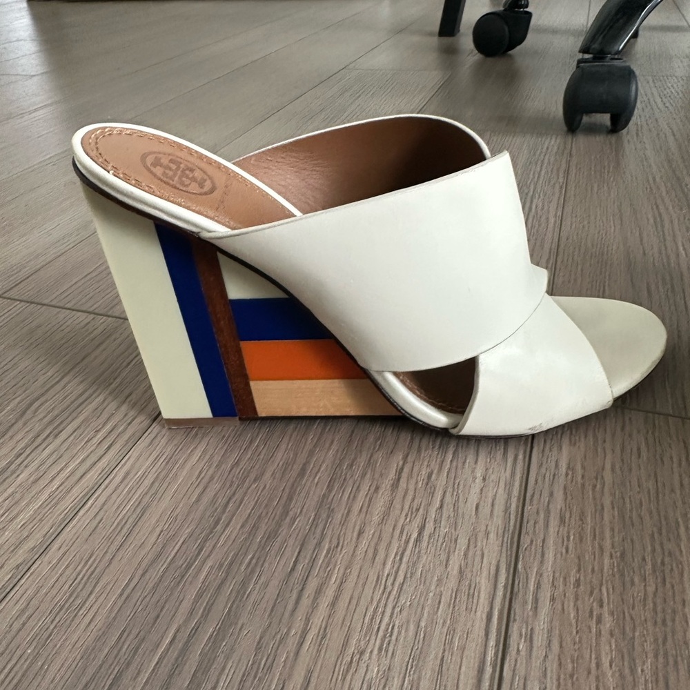 Tory Burch White Leather Wedge Slide with Blue Orange and Tan Heel Accents